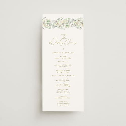 This is a greenery unique wedding programs with standard by Phrosné Barwood called floral arch printing on signature in 4x9
