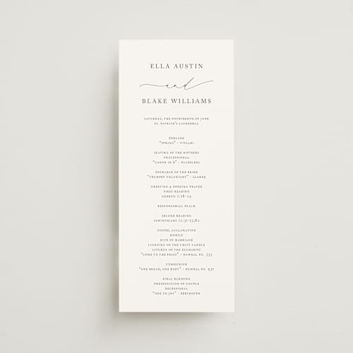 This is a linen unique wedding programs with standard by Jennifer Postorino called breathe printing on signature in 4x9