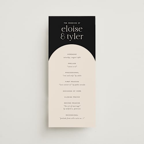 This is a noir unique wedding programs with standard by Jessica Corliss called little party big love printing on signature in 4x9