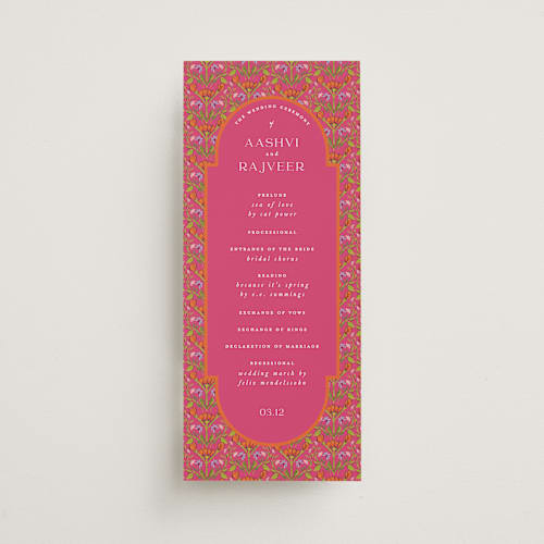 This is a fuchsia unique wedding programs with standard by Pati Cascino called varna printing on signature in 4x9