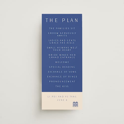 This is a marseille bleu unique wedding programs with standard by Deborah Chou called two toned printing on signature in 4x9