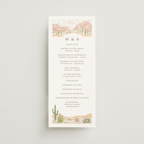 This is a red rock unique wedding programs with standard by Paper Sun Studio called westward printing on signature in 4x9