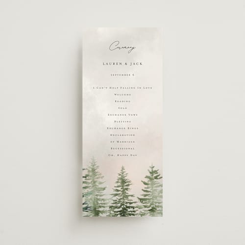 This is a forest unique wedding programs with standard by Petra Kern called montagna printing on signature in 4x9