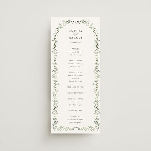 This is a mojito unique wedding programs with standard by Susan Moyal called monogramed arch printing on signature in 4x9