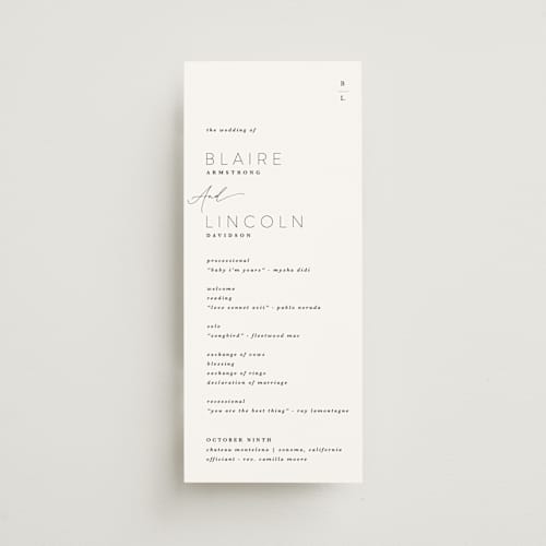 This is a tuxedo unique wedding programs with standard by Kate Ahn called paire printing on signature in 4x9