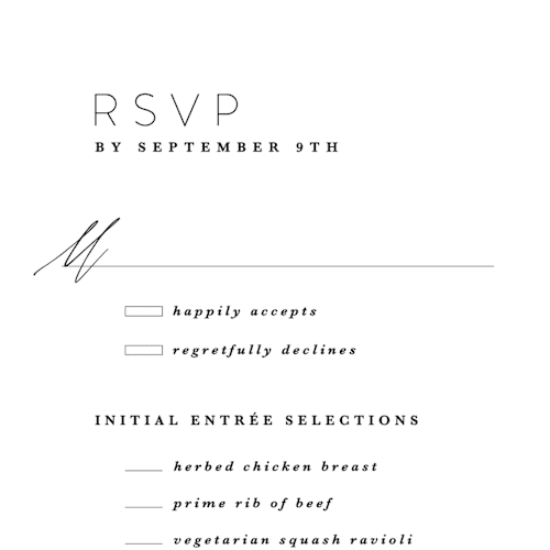 This is a tuxedo rsvp postcards with standard by Kate Ahn called paire printing on signature in postcard