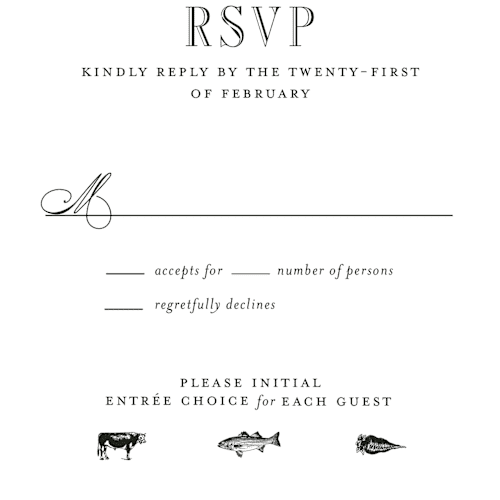 This is a tuxedo rsvp postcards with standard by Megan Davis called hepburn printing on signature in postcard
