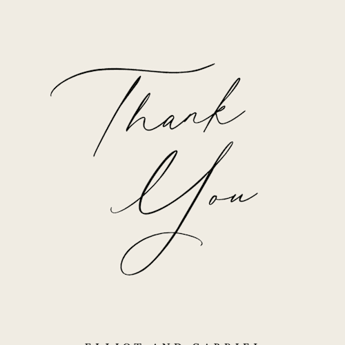 This is a ecru thank you postcards with standard by Hooray Creative called scripted names printing on signature in postcard
