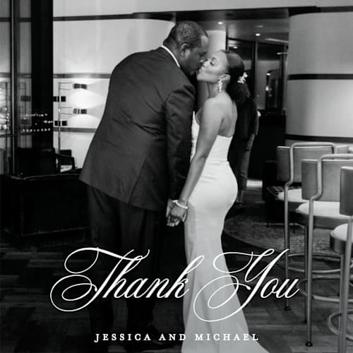 This is a dusty blue thank you postcards with standard by Jennifer Postorino called empire printing on signature in postcard