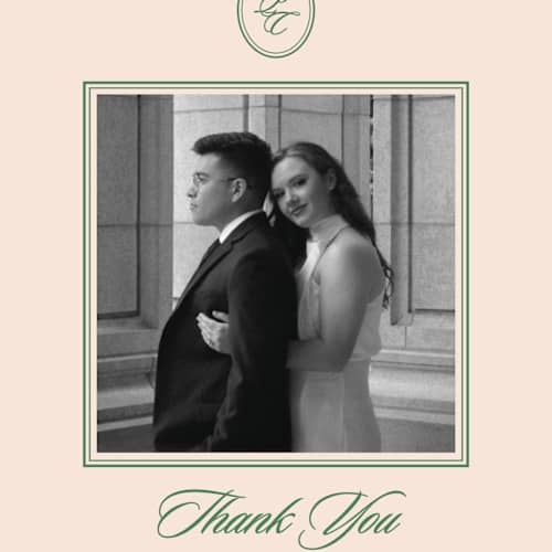 This is a emerald thank you postcards with standard by Creo Study called scripted printing on signature in postcard