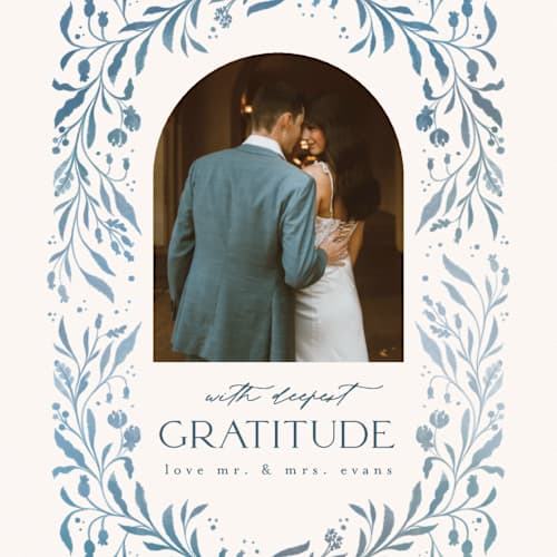 This is a delft blue thank you postcards with standard by Ashley DeMeyere called porcelain printing on signature in postcard