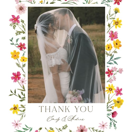 This is a peony thank you postcards with standard by Yaling Hou Suzuki called wildflower wreath printing on signature in postcard
