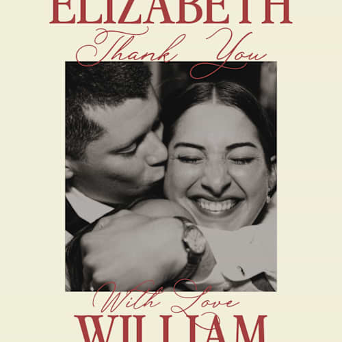 This is a burgundy thank you postcards with standard by Helena Vitto called elizabeth printing on signature in postcard