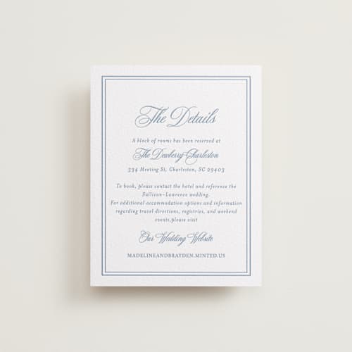 This is a pacific blue letterpress wedding invitations with letterpress by Melinda Denison called the chapel printing on white cotton in standard