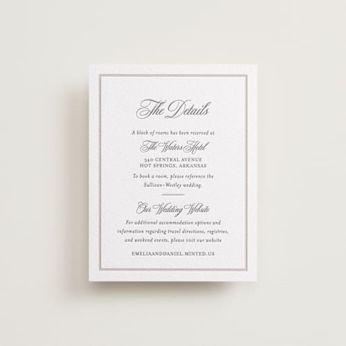 This is a dove grey | soft black letterpress wedding invitations with letterpress by Melinda Denison called royal printing on white cotton in standard