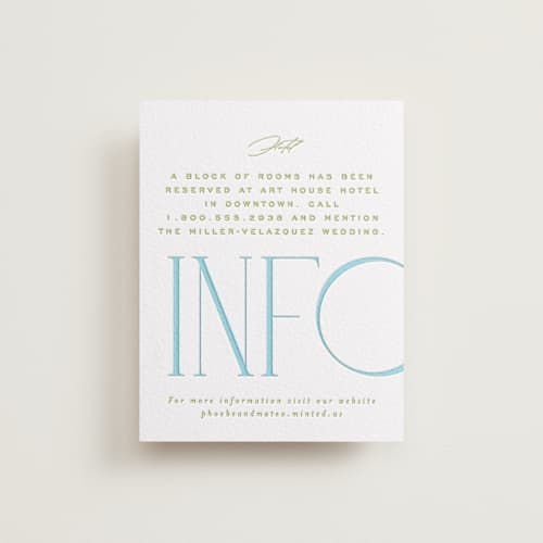 This is a robin's egg letterpress wedding invitations with letterpress by Owl and Toad called numerical printing on white cotton in standard