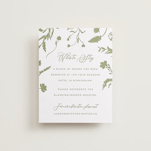 This is a olive letterpress wedding invitations with letterpress by Erin Hodges called untied printing on white cotton in standard