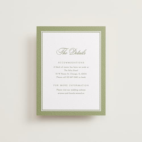This is a olive | evergreen letterpress wedding invitations with letterpress by Robert and Stella called darcy printing on white cotton in standard