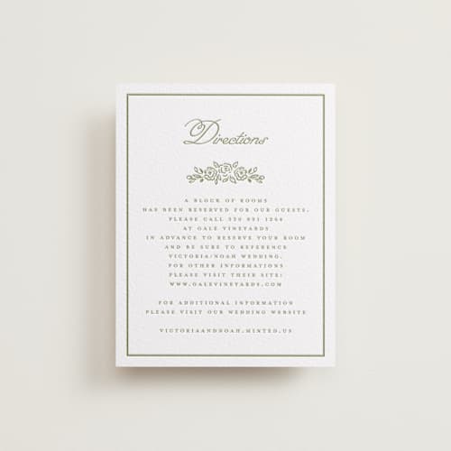 This is a olive letterpress wedding invitations with letterpress by Petra Kern called crestino printing on white cotton in standard