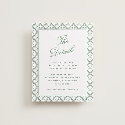 This is a fern letterpress wedding invitations with letterpress by Angela Garrick called garden trellis printing on white cotton in standard