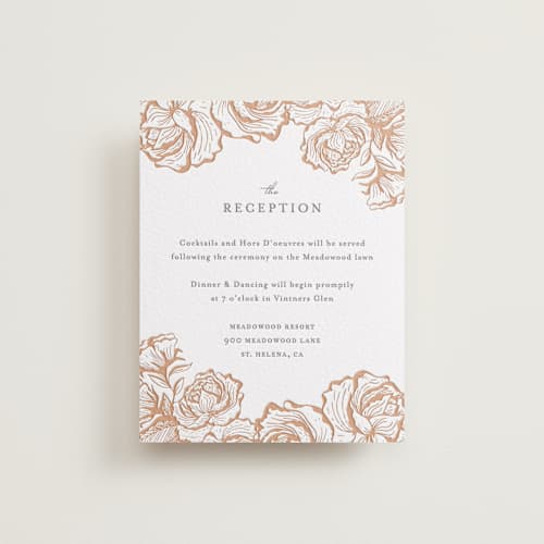 This is a sandstone letterpress wedding invitations with letterpress by Jennifer Postorino called in bloom printing on white cotton in standard