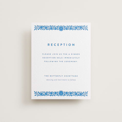 This is a marine blue letterpress wedding invitations with letterpress by Stephanie Hawkes called floral stamp printing on white cotton in standard