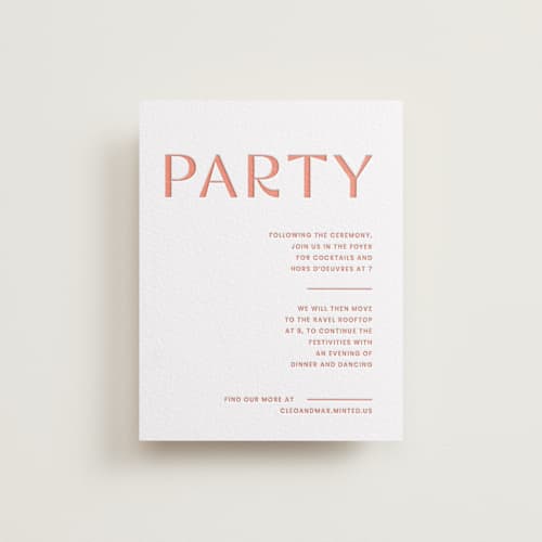 This is a grapefruit letterpress wedding invitations with letterpress by Blustery August called boldly printing on white cotton in standard
