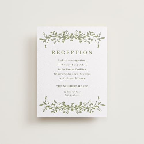 This is a olive letterpress wedding invitations with letterpress by Susan Moyal called greenery vine printing on white cotton in standard