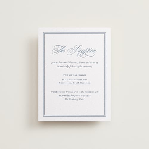 This is a pacific blue letterpress wedding invitations with letterpress by Melinda Denison called the chapel printing on white cotton in standard