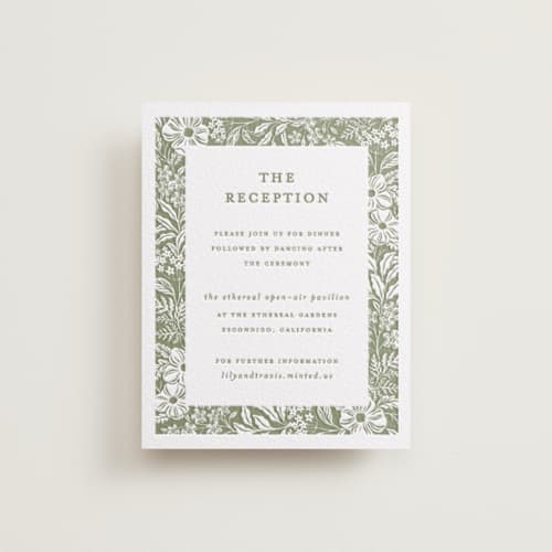 This is a artichoke letterpress wedding invitations with letterpress by Sarah Knight called ethereal gardens printing on luxe white cotton in standard