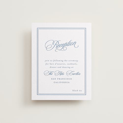 This is a pacific blue letterpress wedding invitations with letterpress by Creo Study called posh printing on luxe white cotton in standard