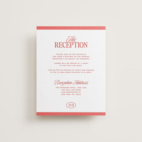 This is a ruby letterpress wedding invitations with letterpress by Jenna Holcomb called vermilion printing on white cotton in standard