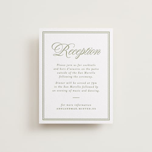 This is a olive letterpress wedding invitations with letterpress by Ellen Schlegelmilch called museo printing on white cotton in standard