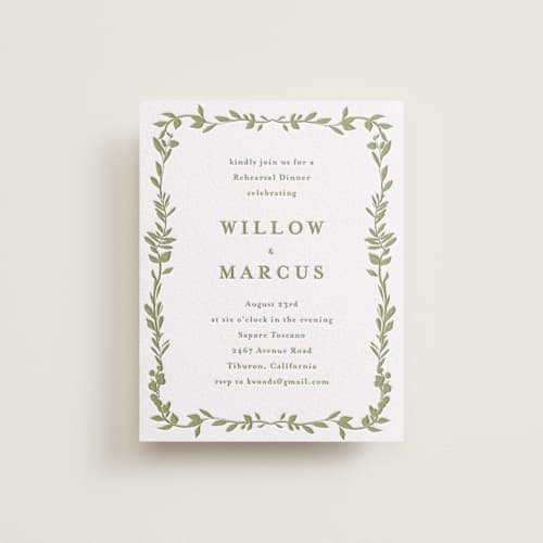 This is a olive enclosure cards with letterpress by Susan Moyal called greenery vine printing on white cotton in standard