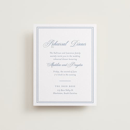 This is a pacific blue enclosure cards with letterpress by Melinda Denison called the chapel printing on white cotton in standard