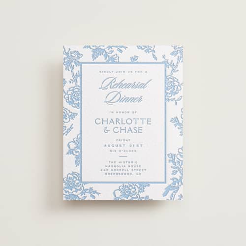 This is a vista enclosure cards with letterpress by Jenna Holcomb called classic toile printing on white cotton in standard