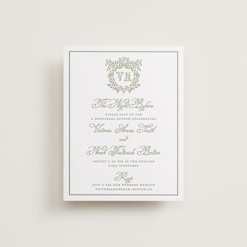 This is a olive enclosure cards with letterpress by Petra Kern called crestino printing on white cotton in standard
