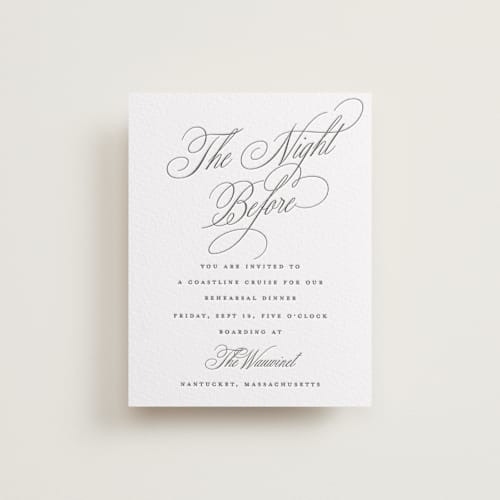 This is a soft black enclosure cards with letterpress by Susan Zinader called romantic script printing on white cotton in standard