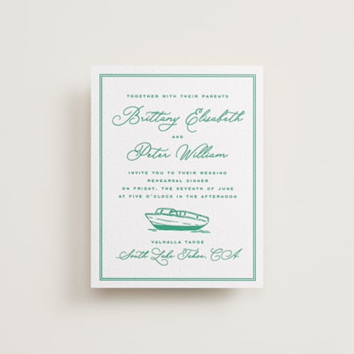 This is a racing green enclosure cards with letterpress by Claudia Orengo called lakeview printing on white cotton in standard