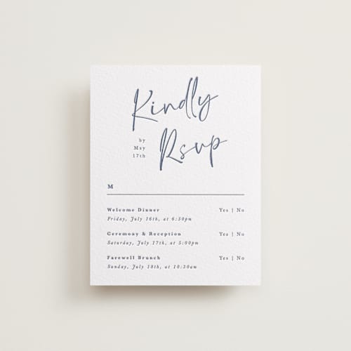 This is a blueberry rsvp cards with letterpress by Adelyn T. called ink scribble printing on white cotton in standard