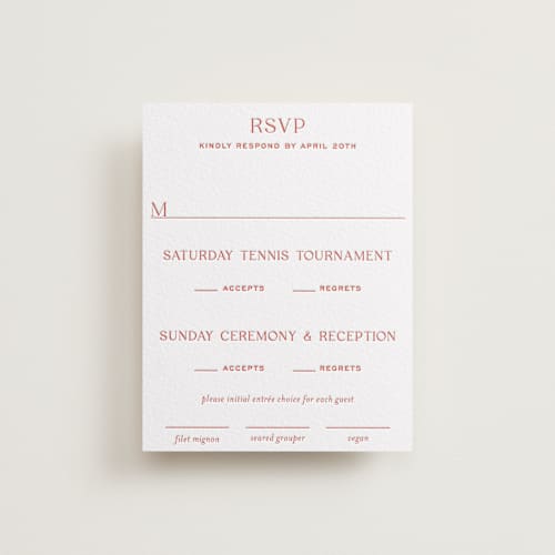 This is a verona sunset rsvp cards with letterpress by Megan Davis called racquet printing on white cotton in standard