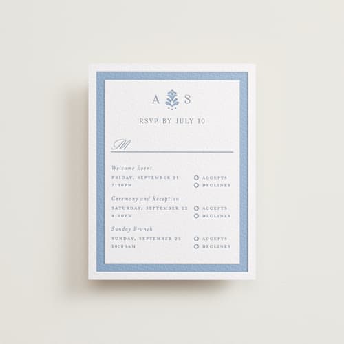 This is a pacific blue rsvp cards with letterpress by Erin German called sweet garden printing on white cotton in standard
