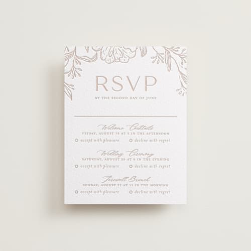 This is a sandstone rsvp cards with letterpress by Vera Lim called camellia.. printing on white cotton in standard