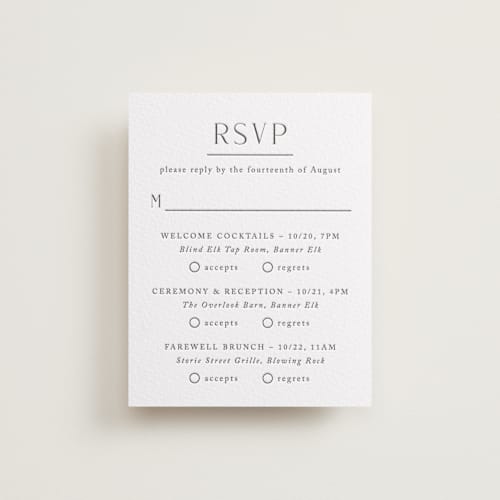 This is a soft black rsvp cards with letterpress by Olivia Raufman called minimalist monogram printing on white cotton in standard