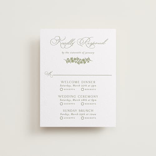 This is a olive rsvp cards with letterpress by Yaling Hou Suzuki called simply elegant printing on white cotton in standard