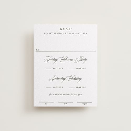 This is a artichoke rsvp cards with letterpress by Megan Davis called putnam printing on white cotton in standard
