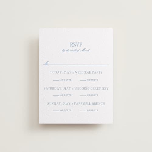 This is a vista rsvp cards with letterpress by Megan Davis called cheseapeake printing on luxe white cotton in standard