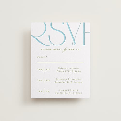 This is a robin's egg rsvp cards with letterpress by Owl and Toad called numerical printing on white cotton in standard