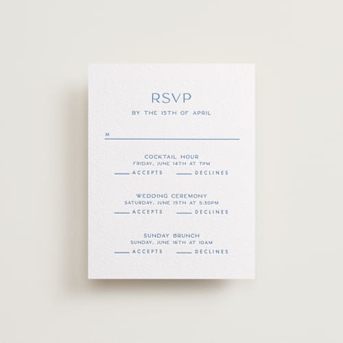 This is a marine blue rsvp cards with letterpress by Ellen Schlegelmilch called brooklyn printing on white cotton in standard