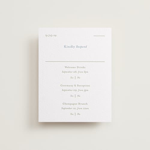 This is a robin's egg | matcha rsvp cards with letterpress by Blustery August called tuscany printing on white cotton in standard